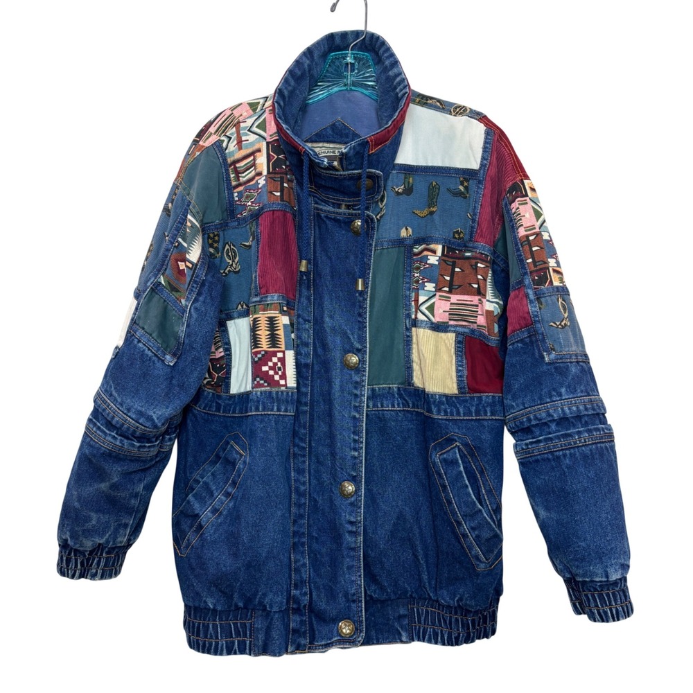 IZZI Patchwork Denim Jacket Womens Medium Blue Southwestern Cowboy Boot Vintage